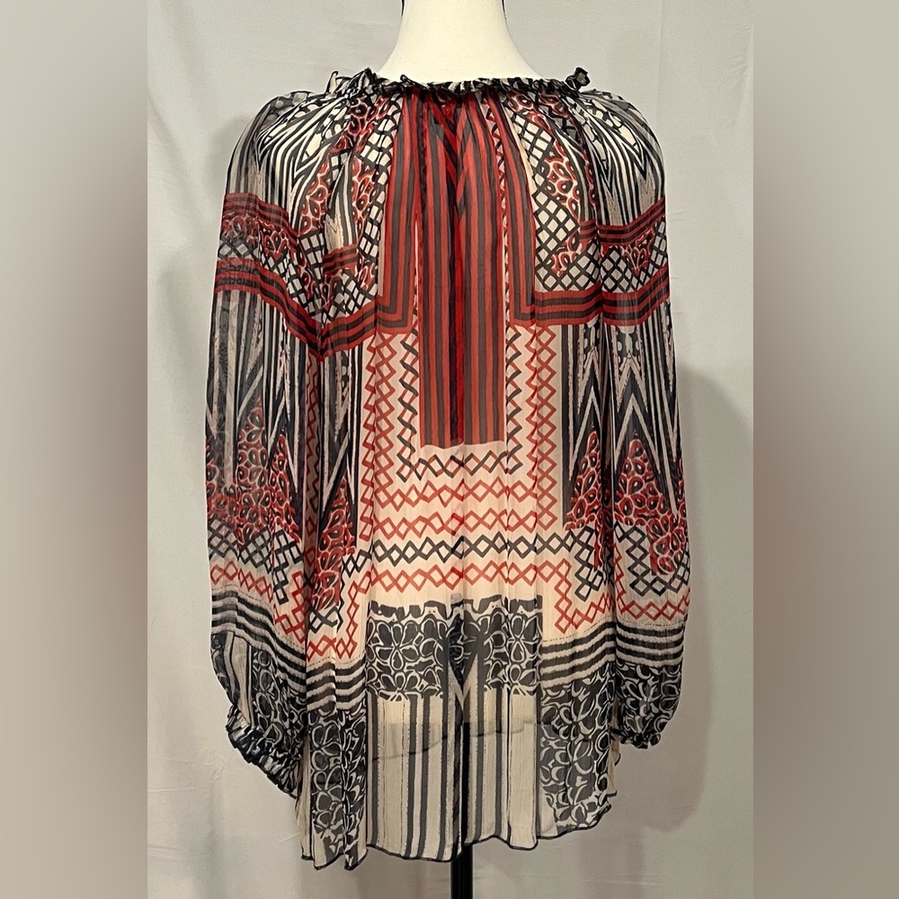 Lucky Brand Vintage Boho Red Tan Blue‎ Ruffle Cuff Sheer Blouse Medium - Picture 5 of 7